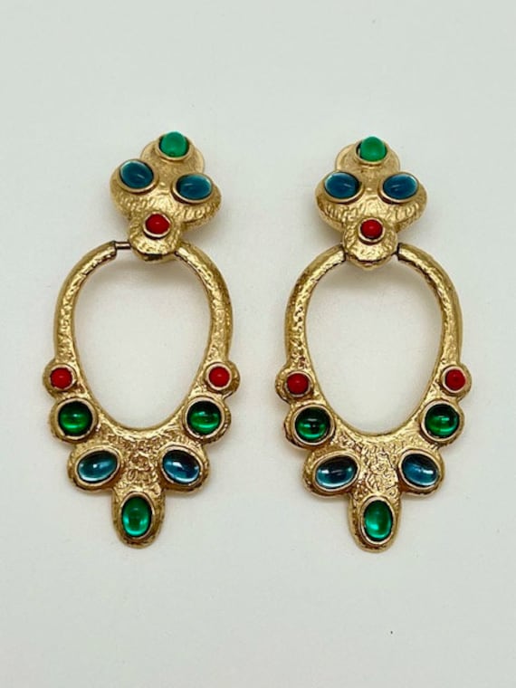 Boucles D'oreilles Art Déco Plaqué Or - Fleurs Pierres Multicolores - Pendantes Dormeuses - Vintage