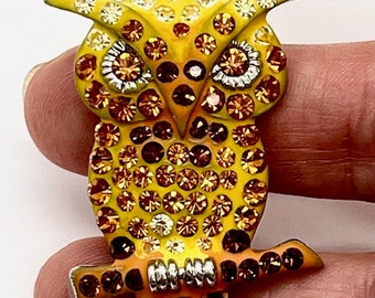 Vintage Jewelry Brooch Pin Owl Pop Art Swarovski Crystals Enamel Metal Steel Yellow Owl Original Pin Enamel Style Art Deco Collectible Owl