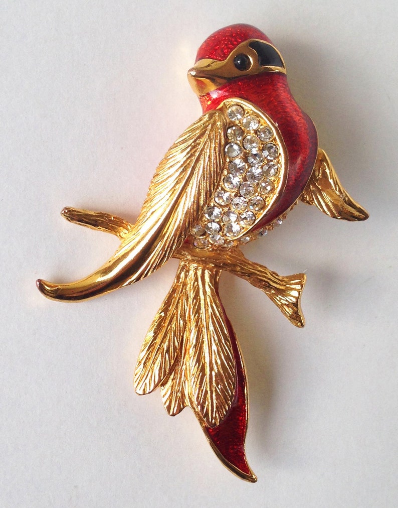 Broche Vintage Pingouin Strass - Marque Carven, Couleur Rouge, Occasion