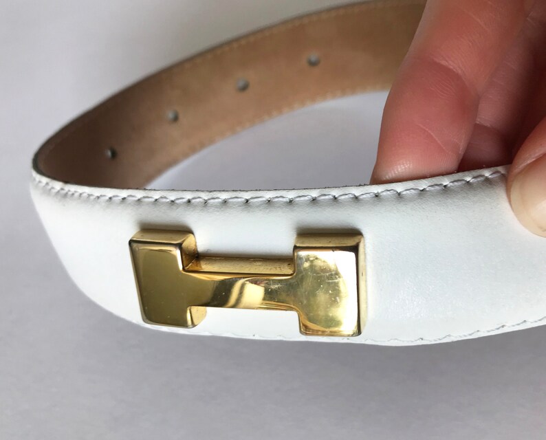Vintage Belt Letter H Women Belt Leather White Belt Gold Plated Buckle Gold Plated Letter Model