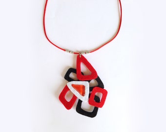 Red Black White Necklace Handmade Gift Necklace Geometric Pendant Red Necklace Black White Triangle Red Necklace Art Glass Crystal 3D Gift