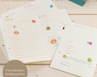 May include: A set of three white pages with colorful illustrations and text in German. The pages are titled "Steckbrief", "Wir Beide", and "Das bin ich". The pages are designed for a kindergarten-aged child to fill out with information about themselves.