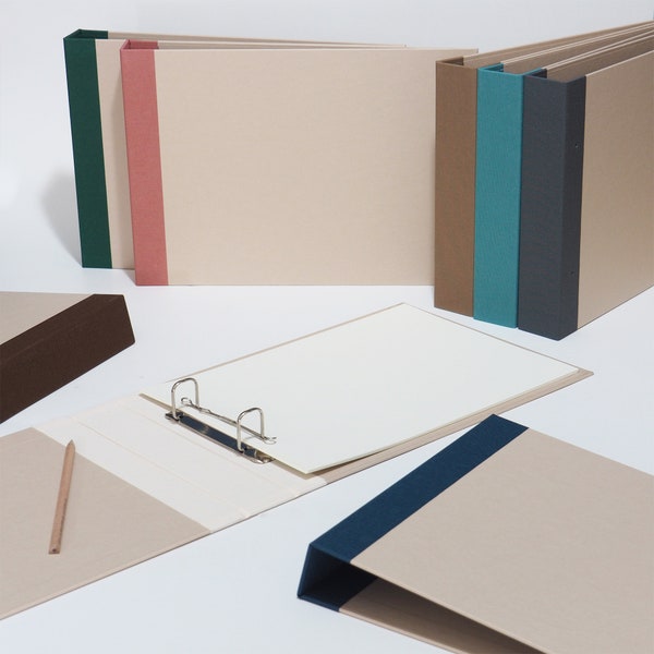 A4 album landscape format with retro-colored linen spine and 2-fold mechanism as a layflat folder. Decorative for office or living area