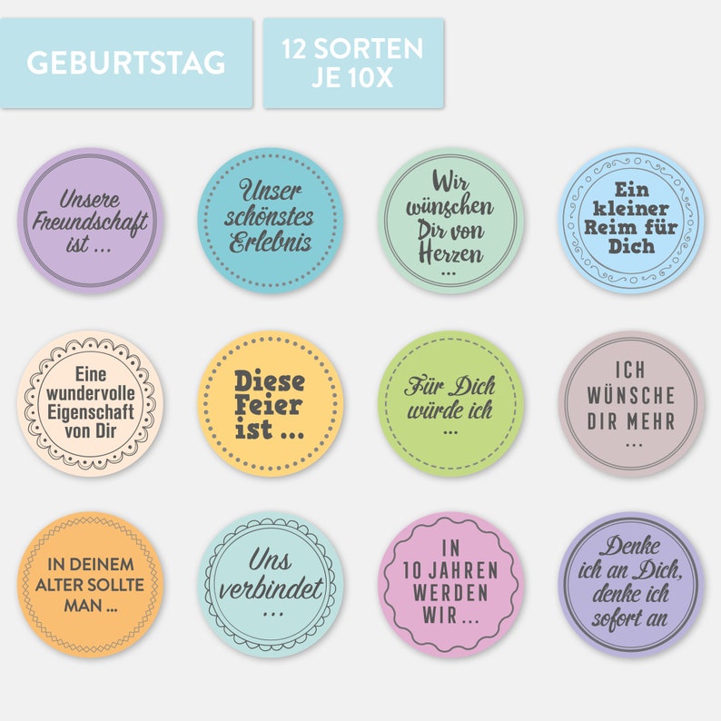 Geburtstags Gästebuch Sticker 120 Stück / 12 Fragen auf je 10 Sticker Bild 1