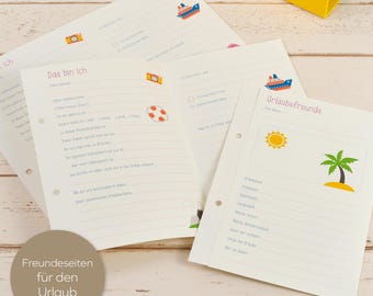 May include: A set of three white pages with blue and red illustrations of a cruise ship, a camera, a life preserver, a palm tree, and a sun. The pages have holes punched along the left side and are labeled "Das bin ich", "Freundesiten fur den Urlaub", and "Urlaubsfreunde".