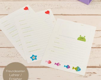 May include: Three white pages with lined paper and colorful illustrations. The pages are for teachers or educators to use for writing notes or messages. The text on the page reads "Freundesiten Lehrer/Erzieher".