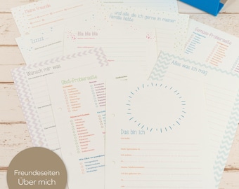 May include: A set of printable pages for a child's memory book. The pages are decorated with colorful zig-zag patterns and include prompts like "My Friends", "Wishes for Me", "Fruit and Vegetable Tasting", "Things I Like", and "My Family".