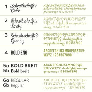 May include: A chart displaying six different font styles, labelled 1 to 6, with the names of each font style listed. The font styles include Schreibschrift 1, Schreibschrift 2, Schreibschrift 3, Bold Eng, Bold Breit, and Regular. The chart also includes the alphabet in each font style, along with the numbers 1 to 9 and 0.