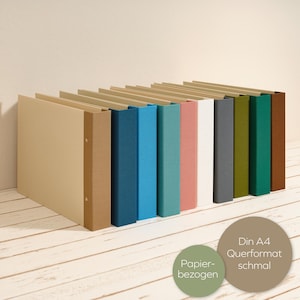 Album A4 con copertina in carta in formato orizzontale, dorso in lino color retrò e meccanismo a 2 ante che consente di ripiegare la copertina in modo piatto. Decorativo per ufficio o zona giorno