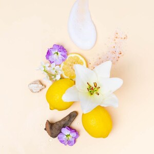 May include: A still life arrangement featuring bright yellow lemons, a white lily, purple flowers, and a swirl of white foam. Pink salt crystals and small pieces of wood add texture to the composition, set against a soft peach background.
