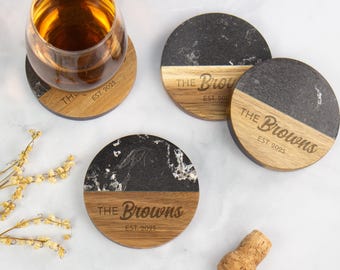 Custom Coasters with Holder, Wood and Marble Coasters Set, Engagement Gift for the Couple, Wedding Coasters, Personalized Wedding Gift