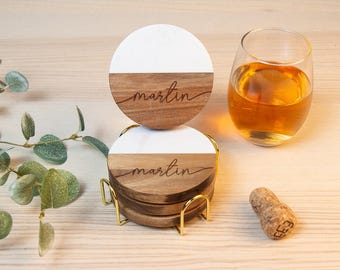 Wood and Marble Coasters Housewarming Gift, Personalized Coasters With Holder, Wedding Gift Engraved Coaster Set, Bridal Shower Gift for Her