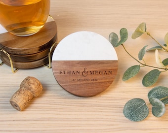 Marble Wedding Coasters Personalized, Marble and Wood Coasters With Holder, Wedding Favors, Wedding Gift Engraved Coasters Set With Holder