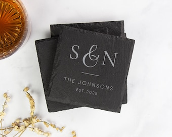 Custom Slate Coasters, Engagement Gift for Couple Unique, Personalized Coaster Set, Wedding Gift Custom Wedding Coasters, Anniversary Gift