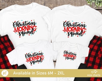 May include: White t-shirts with the text "Christmas Morning Squad" in red and blue lettering with colorful lights around the text. The shirts are available in sizes 6M to 2XL.