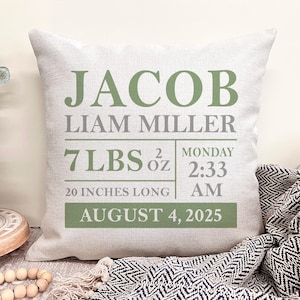 May include: A linen pillow with the name "JACOB" in green lettering. The pillow also includes the name "LIAM MILLER", birth weight of 7 lbs 2 oz, 20 inches long, and the date August 4, 2025.