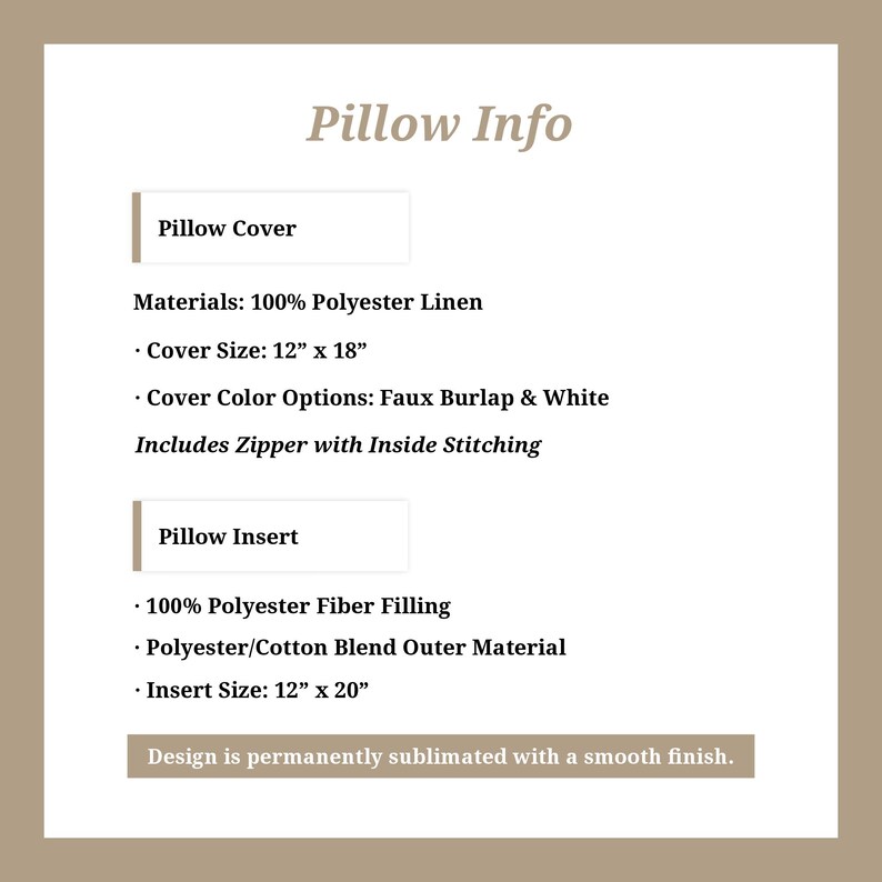 May include: Informational graphic titled "Pillow Info" detailing pillow cover and insert specifications. The cover is 12" x 18" and made of 100% polyester linen. Cover color options include faux burlap and white. The insert is 12" x 20" with polyester fiber filling.
