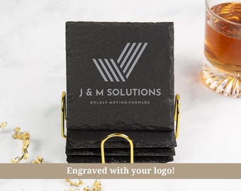 Custom Logo Coasters Engraved, Slate Coasters Set, Company Logo Gift, Personalized Coaster Set, Corporate Gift Ideas, Small Business Gift
