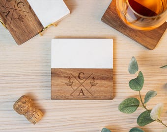 Marble and Wood Coaster Set with Holder, Wedding Coasters With Holder, Custom Coasters, Gift for the Bride, Custom Wedding Gift for Couple