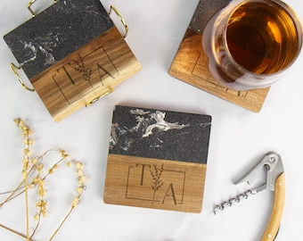 Marble and Wood Coasters Housewarming Gift, Custom Coasters With Holder, Coasters Set Personalized Wedding Gift, Gift for the Couple