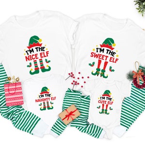 Elf Christmas Pajamas, Matching Family Christmas Pajamas Set, Funny Christmas Pjs, Holiday Pajamas For Family Photos Green Striped Pants