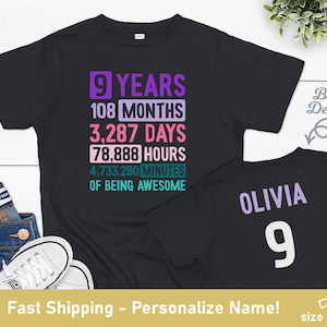 Girls 9th Birthday Shirt Personalized, Birthday Outfit Girl 9, 9th Birthday Girl Shirt, 9 Year Old Girl Birthday Gift, Ninth Birthday Shirt