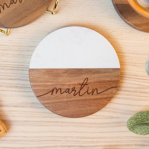 Wood and Marble Coasters Housewarming Gift, Personalized Coasters With Holder, Wedding Gift Engraved Coaster Set, Bridal Shower Gift for Her