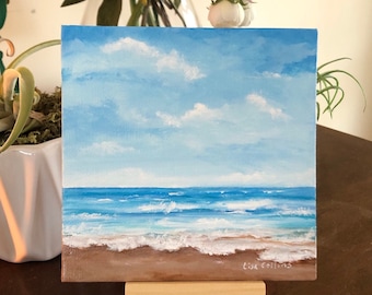 Blue ocean waves acrylic painting | Small original cloudy skies seascape art | 5x5 in. tropical beach | Office, desk, wall, shelf decor