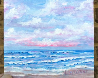 Pink clouds ocean  acrylic painting | Coastal blue and pink seascape art | Mini 4x4 inch tropical beach | Office, desk, wall, shelf decor