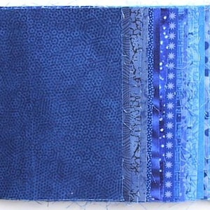 Könnte beinhalten: Eine Sammlung von blauen Stoffresten in verschiedenen Farbtönen und Mustern, darunter ein einfarbiger blauer Stoff mit einer dezenten Textur.
