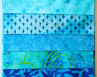 Paquete de tela batik, turquesa - 5 telas, cada una de 15 cm x 55 cm - asp286