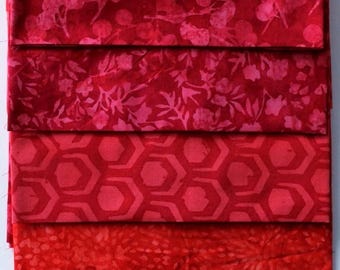 Paquete de tela batik, rojo - FQB Fat Quarter Bundle - 4 FQ - 4 telas, cada una de 50 cm x 55 cm fqb282