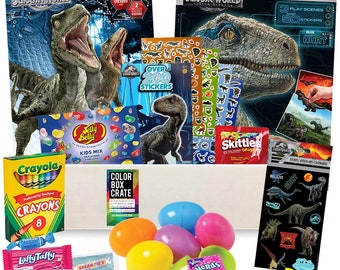 Jurassic Park Easter Basket Care Package, 20pc Set, Easter Toys with Jurassic World Dinosaur Easter Basket Stuffers, Stickers. Books & More