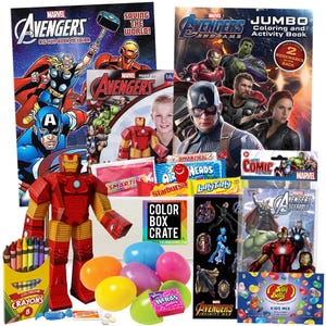 May include: A collection of Avengers themed party supplies, including coloring books, candy, stickers, and a cardboard Iron Man figure. The items are arranged on a table with a blue background.