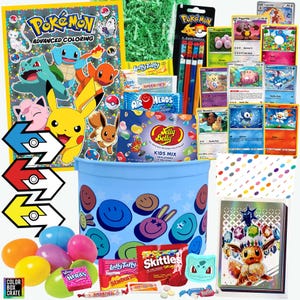 May include: A blue bucket filled with colorful candy and Pokemon trading cards. The bucket has a smiley face design. There is a Pokemon coloring book, a pack of pencils, and a bag of jelly beans in the background.