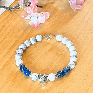 Leopard Beaded Bracelet Mens, White Howlite Bracelet Mens, Blue Lapis Lazuli Bracelet, Bracelet Men, Gemstone Bead Bracelet, Stone Bracelet