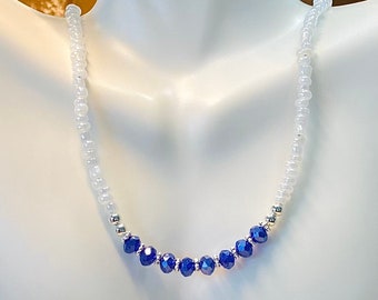 Blue Crystal Necklace, Sapphire Beaded Necklace, Bridal Necklace, Wedding Jewelry, White Bead Necklace, White Wedding Jewelry