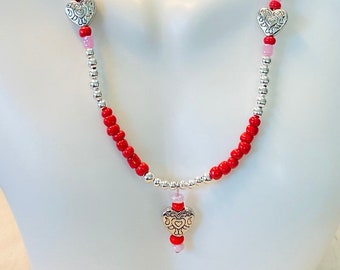Silver Heart Necklace, Heart Beaded Necklace, Pink Bead Necklace, Red Bead Necklace, Daughter Gift, Granddaughter Gift