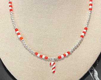 Beaded Candy Cane Necklace, Christmas Necklace Women, Red Beaded Necklace, Christmas Jewelry, Gifts for Her