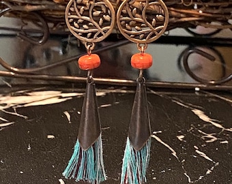 Bronze Earrings, Bronze Disc Earrings, Bronze Dangle Earrings, Boho Earrings, Bronze Jewelry, Statement Earrings