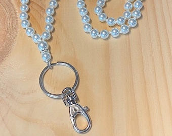 Pearl Lanyard, Work ID Holder, Badge Holder, Glass Pearl Lanyard, White Pearl Lanyard, Badge Holder Lanyard, ID card necklace