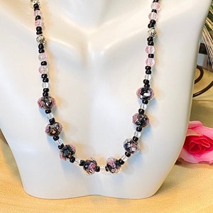 Statement Necklace Women, Pink Beaded Necklace, Lampwork Bead Necklace, Crackle Bead Jewelry, Gifts for Her