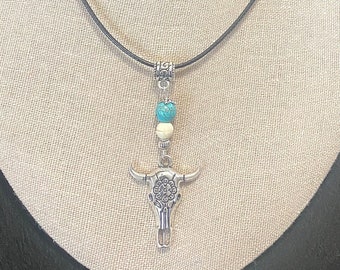 Southwest Steerhead Necklace, Longhorn Bull Necklace, Southwest Jewelry, Southwest Necklace Women, Turquoise Cord Necklace, Tribal Jewelry