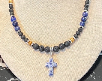 Blue Lapis Cross Necklace, Cross Necklace Men, Lava Necklace Men, Surfer Necklace, Beaded Lava Stone Choker