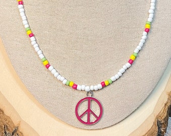 Collar de signo de paz con cuentas, collar de signo de paz, joyería hippie boho, collar de signo de paz boho, joyería de paz hippie, regalo de mejor amigo