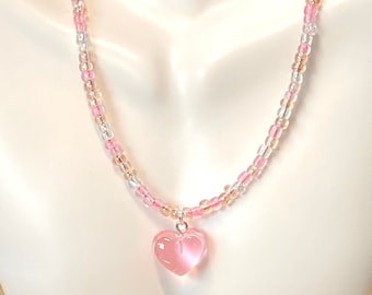 Gummie Heart Necklace, Girls Bead Necklace, Pink Tones Bead Necklace, Pink Gummie Heart Necklace, Teen Girl Necklace, Gifts for Her