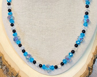 Blue Lampwork Necklace, Blue Bead Necklace, Blue Chunky Necklace, Blue Beaded Necklace, Blue Jewelry, Mothers Gift, Blue Crystal Necklace