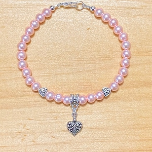 Pink Pearl Bracelet, Pearl Bracelet Women, Pink Beaded Bracelet, Bridal Jewelry, Bridesmaid Gift, Wedding Jewelry, Silver Heart Bracelet