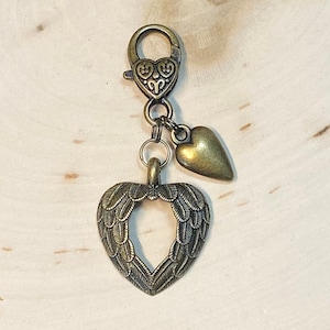 Bronze Heart Purse Charm, Angel Wing Heart Purse Charm, Angel Wing Purse Charm, Heart Zipper Pull, Womens Gift, Mother Gift