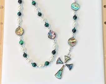 Abalone Cross Rosary, Abalone Rosary Beads, Green Tiger Eye Rosary, Ivory Pearl Rosary, Confirmation Gift, Christian Jewelry